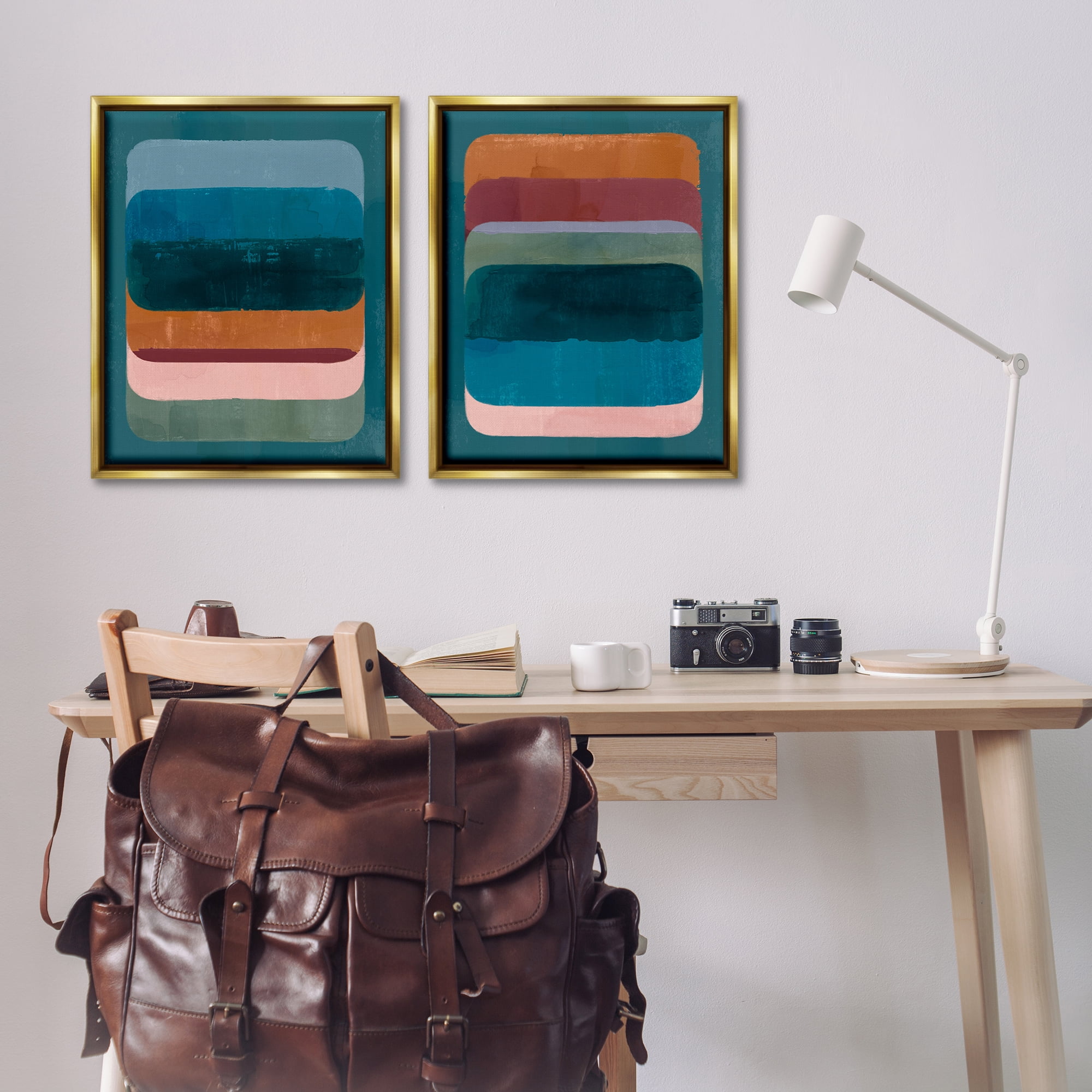 Stupell Industries Abstract Teal Stacked Colors Abstract Painting Gold Floater Framed Canvas Art Print Wall Art, 31 x 25, Set of 2
