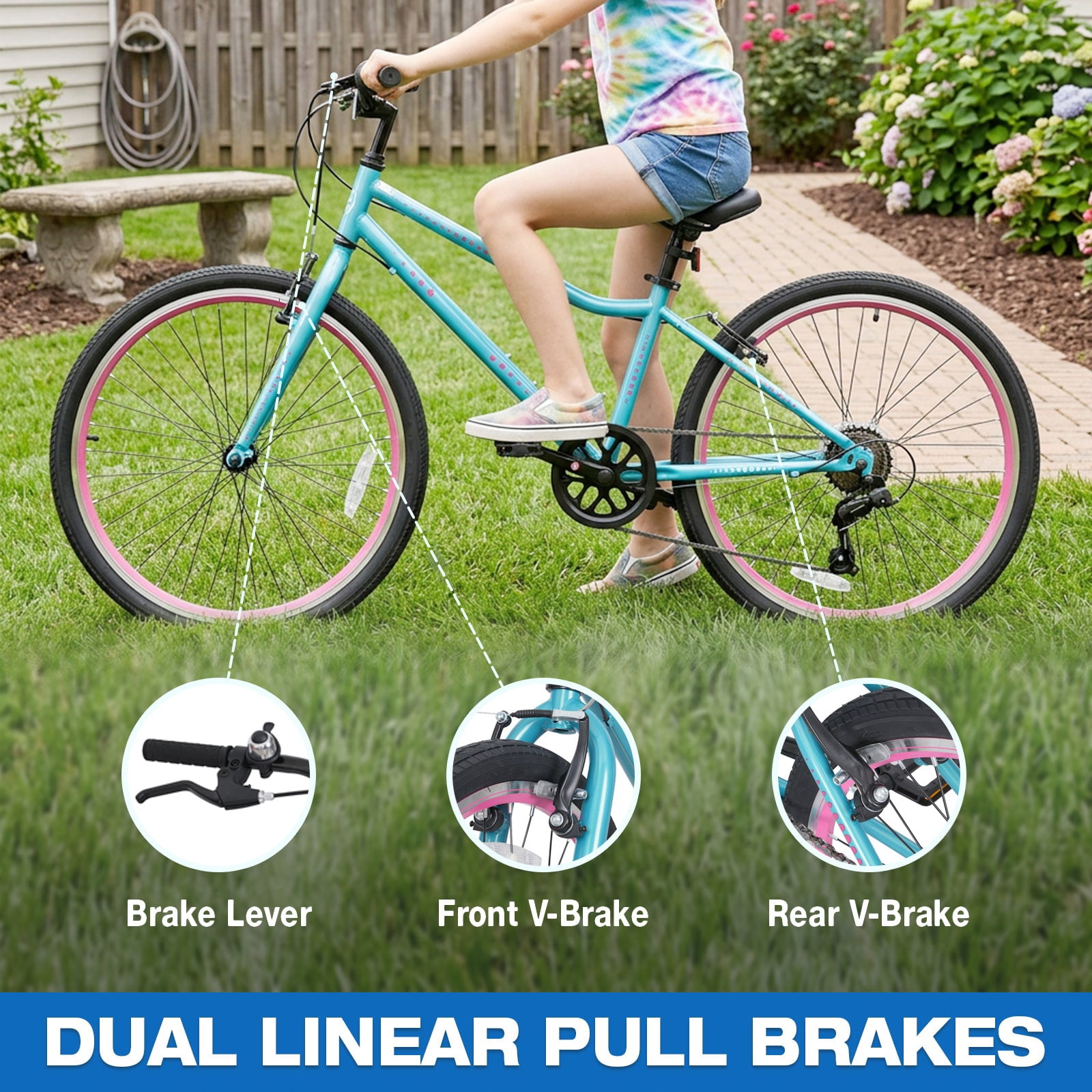 Hykolity 24 Inch Kids Mountain Bike Boys Girls Youth Bicycle For Teen Ages 14+ Children Bikes With Adjustable Seat Front Hand Brake Rear Coaster Brake Reflector, Blue