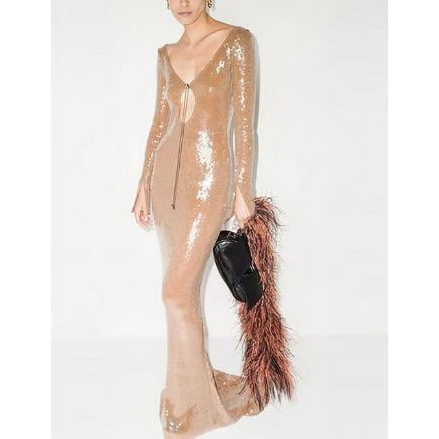 MesaSe Robe à Paillettes pour Femmes Découpes Col en V Robe de Bal Manches Longues Robe Scintillante Robe Midi de Soirée à Paillettes avec Fente