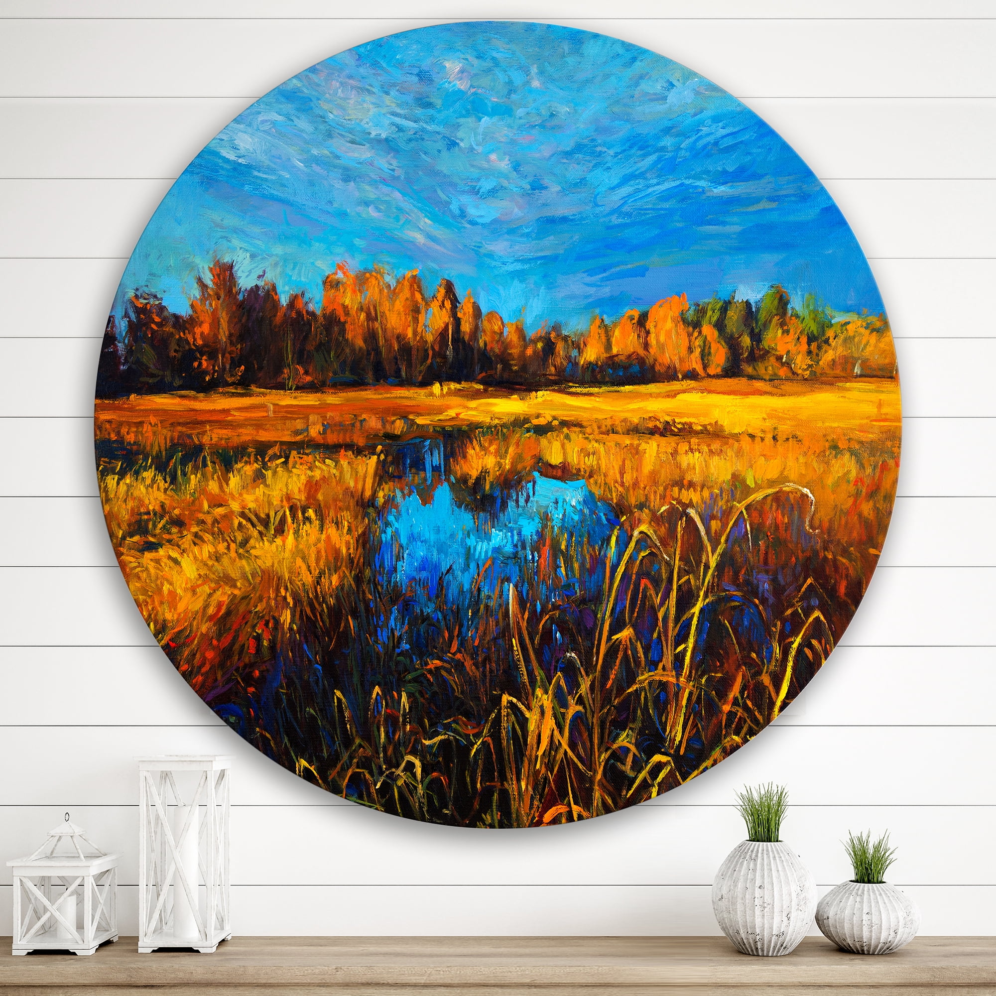 Designart 'A Light Blue Sky Over Orange Meadows' Traditional Circle Metal Wall Art 36x36 - Disc of 36