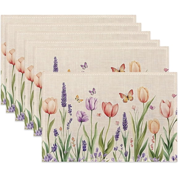 Table Placemats Set of 6,Spring Flowers Cloth Placemats,Watercolor Butterfly Heat-Resistant Table Mats for Kitchen Dining Room Decoration,Non-Slip Fabric Place Mats 11.8x17.7 Inch
