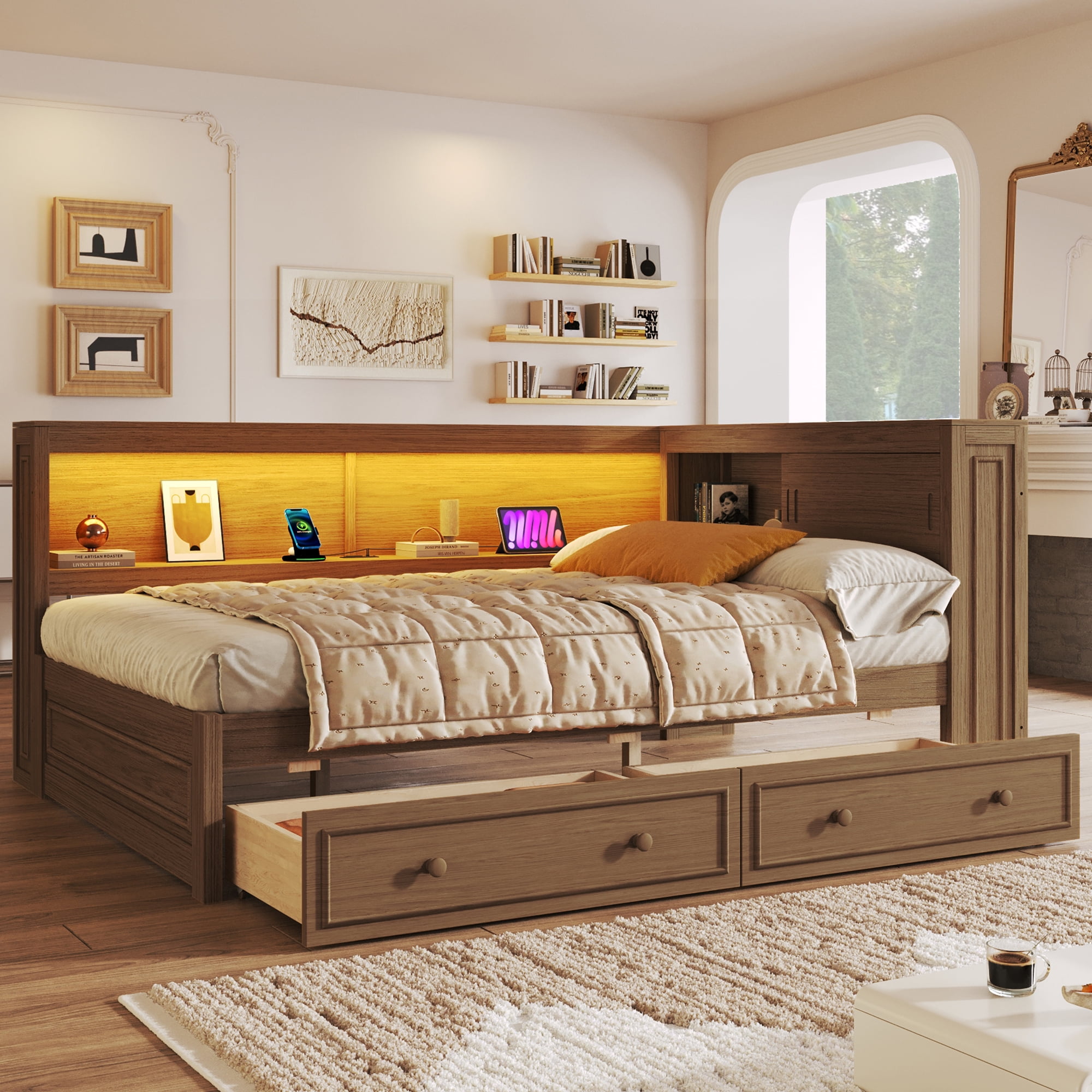 Euroco Full Size Wood Daybed with Storage Shelves and Drawers, Platform Bed with LED Light and USB Ports, Wood