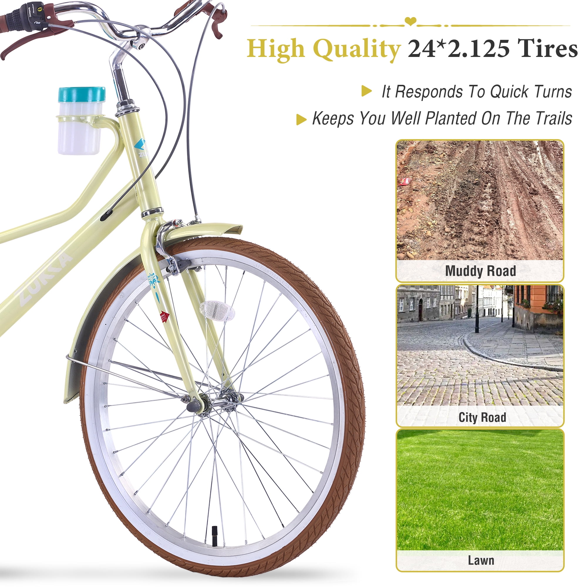24 Inch Women's Cruiser Bike, 6 Speed Step-Through Commuter Bicycle with Rear Rack & Cup Holder, Adult City Bike