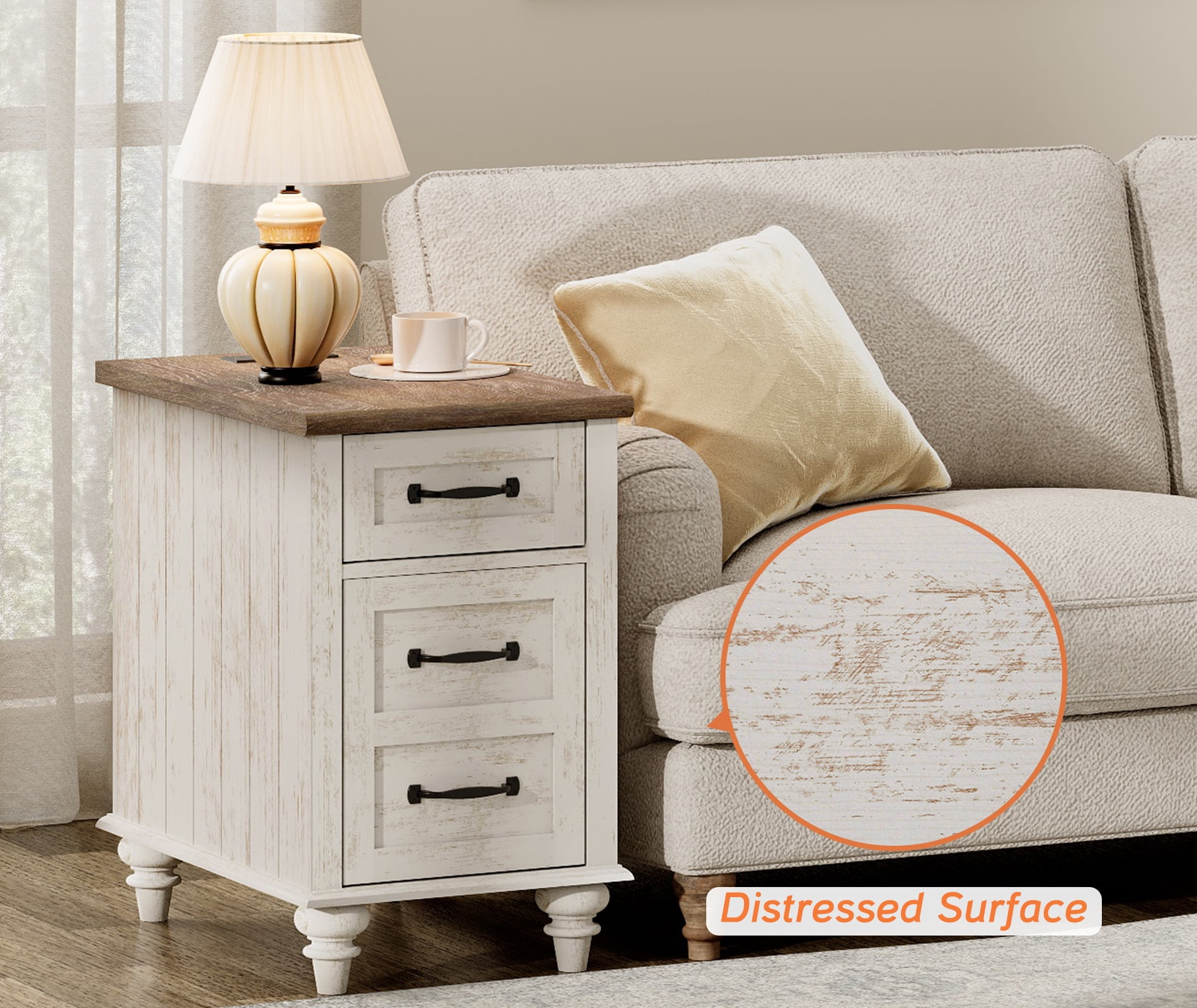 Antique White End Table with Drawer & Cabinet, Wooden Side Table Nightstand with Charging Station for Living Room & Bedroom