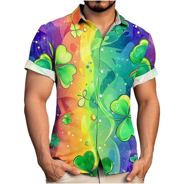 Ceisia Men's St. Patrick's Day Short Sleeve Shirt Clover Print Regular Straight Fit Green Turn-Down Collar Spring Summer Shirt Gift
