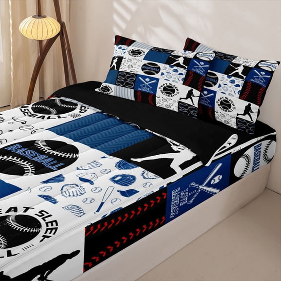 Homewish Eat Baseball Sleep Zipper Twin Comforter Sets with Fitted Sheet and 2 Pillowcases, Blue Patchwork Zipper Bedding Set for Men and Women, Black Reversible, 4 Pieces