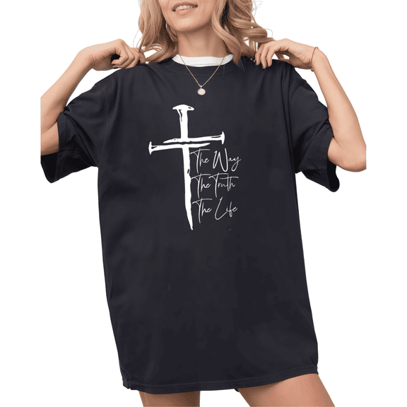 UNISHE Women's "The Way The Truth The Life" Cross Graphic Black Short Sleeve T-Shirt S-5XL Simple Crewneck Top