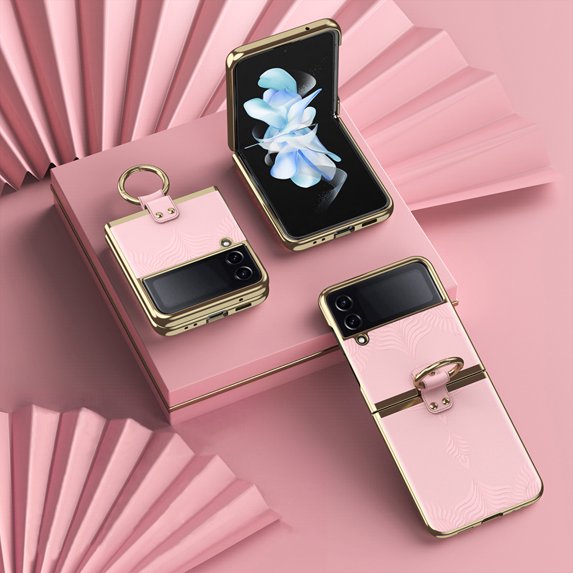 SaniMore for Samsung Galaxy Z Flip 4 (6.7" 2022) Case, Wear-resistant PU Leather Skin with Embossed Flower, 360 Degree Rotating Ring Kickstand, Slim Lightweight Shockproof Cover, Pink