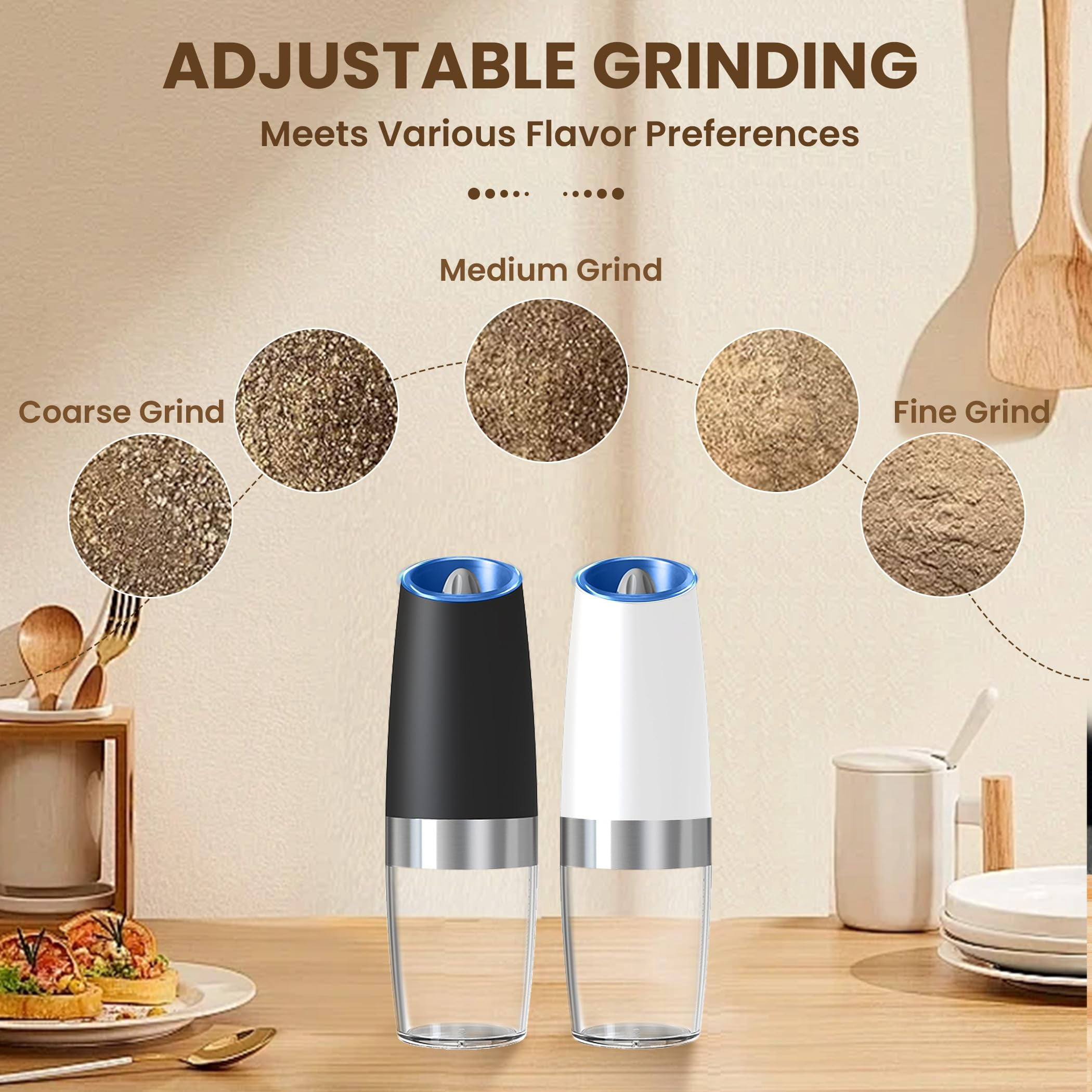 Electric Salt and Pepper Grinder Set, Battery Operated Automatic Grinders with Adjustable Coarseness and LED Light, 2 Pack, Black