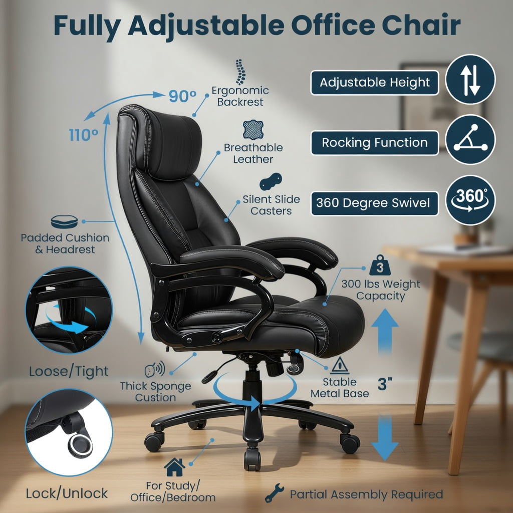 Spaco Big & Tall 400lb PU Leather Massage Office Chair-Black, Home Office Computer Desk Chair, Ergonomic Office Chair for Bedroom,Study
