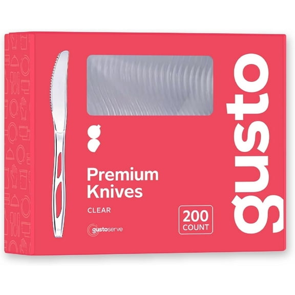 GUSTO Premium Clear Plastic Knives Disposable Cutlery Heavy Duty, 200-Pack