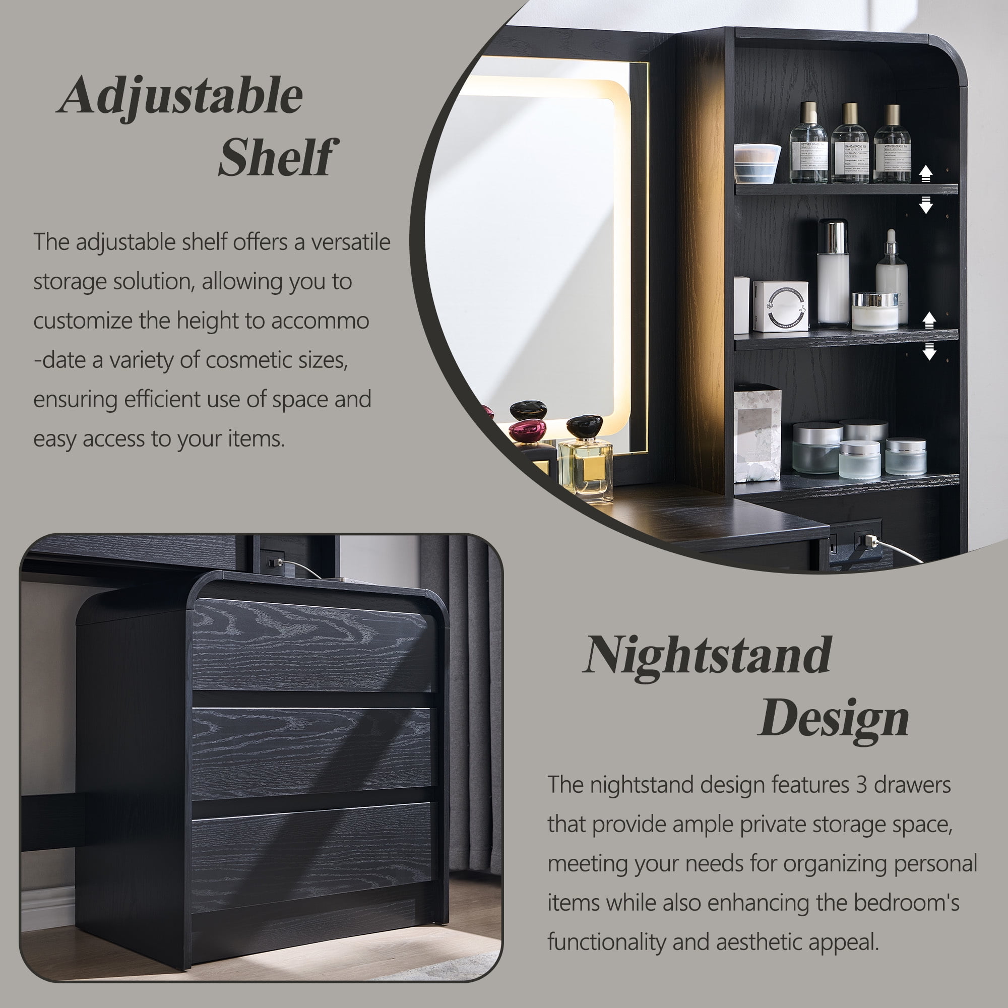 wow97e Modern Vanity Desk with Touch Screen LED Mirror, 55" Big Make Up Table with 5 Drawers , Wood Dressing Tablew/3 Color Available, Charging Station