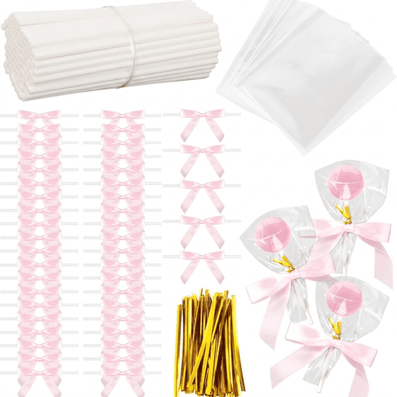 Gold Butterflies Flower Tape 350Pcs Tulle Ribbon Cake Pop Kit, Pink Bows Decorative Tape, Metallic Twist Tie Gold String For Homemade Lollipops Candy Treats And Diy Party Favor Supplies