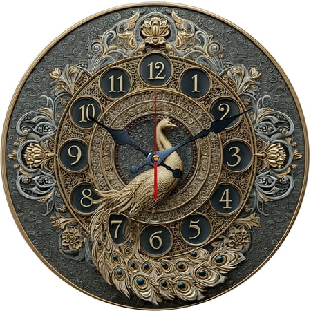 Hoease 10 Inch Silent Wall Clock, 3D Embossed Peacock Vintage Decorative Wall Clock, Battery Operated Non-Ticking Round Clock for Living Room Bedroom Luxury Home Decor