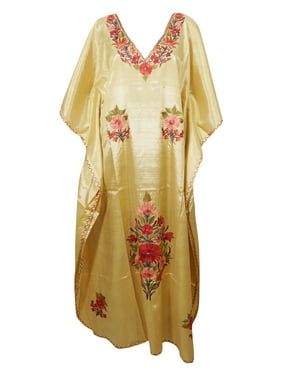 Mogul FLORAL Kimono Maxi Caftan Silk Blend Deep V Neck Stylish Resortwear Long Kaftan 3XL