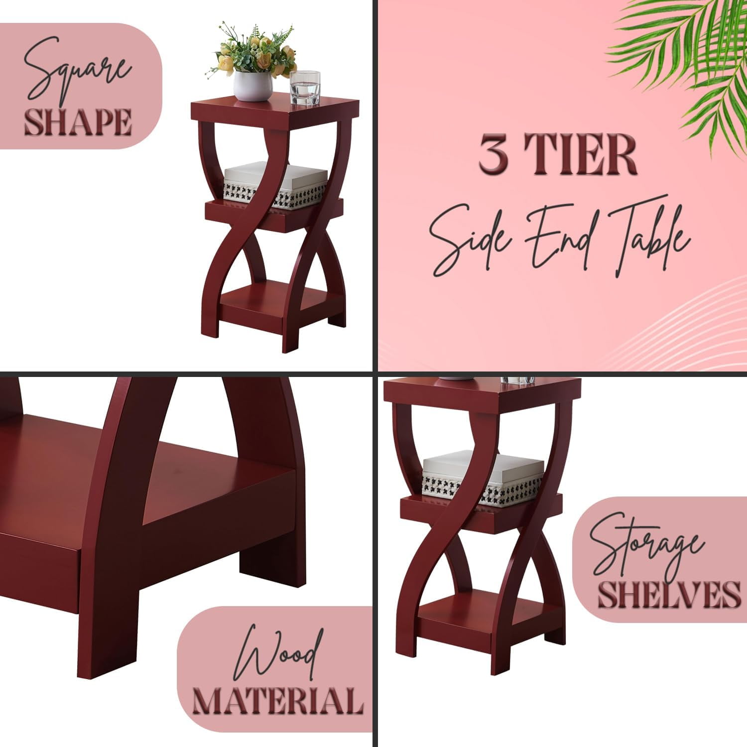 Kings Brand Furniture Lionel 3-Tier End Table, Twisted Wood Accent Side Table with Open Storage Shelves, Modern Narrow Nightstand for Living Room, Bedroom, Office or Entryway (Red)
