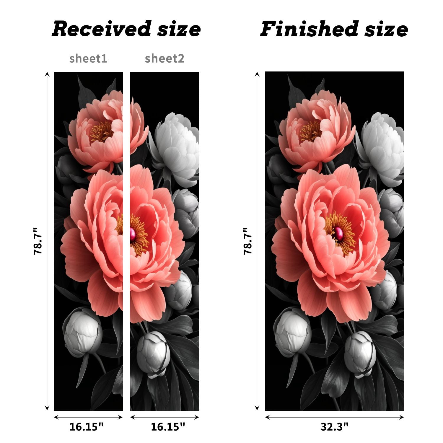 Self Adhesive Vinyl Refrigerator Wrap Set Peony Flower Pink Petals Yellow Stamen Gray Leaves Black Door Mural Removable Fridge Sticker Peel and Stick&nbsp;Full Door Cover Decal Kitchen Bar Decor