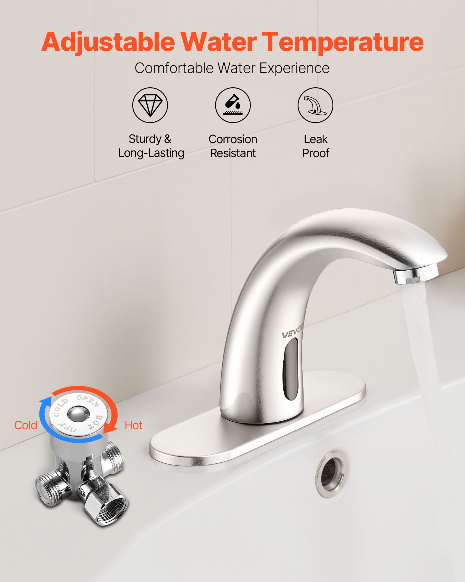 VEVOR Touchless Bathroom Sink Faucet, Automatic Motion Sensor Restroom Toilet Faucet with Hole Cover Plate, Battery Operated,Adjustable Temp for 9/16 in Pipe Commercial Lavatory,Brushed Nickel Silver