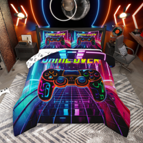 Manfei Neon Gamepad Queen Comforter Set 3 Pieces for Teen Boys, Gradient Stereoscopic Plaid Bedding Sets, Gaming Gamer Bedding Comforter Set, Microfiber Bedroom Decor