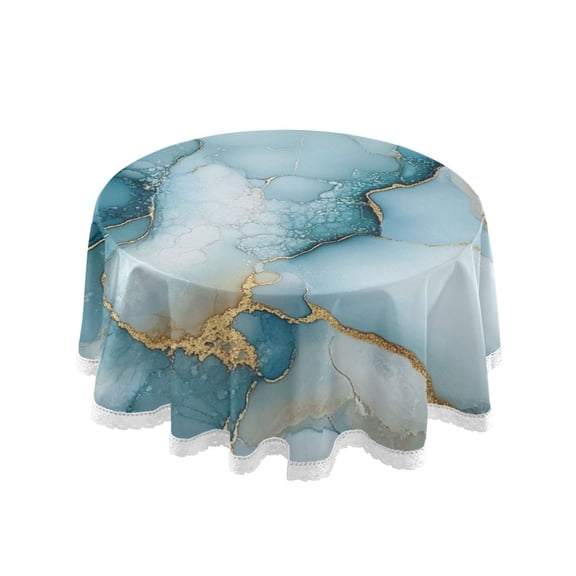 Qxltty Cyan Gilt Marble Round Tablecloth 60 Inch Dia Washable Table Cover with Dust-Proof Wrinkle Resistant for Restaurant Picnic Indoor and Outdoor Dining