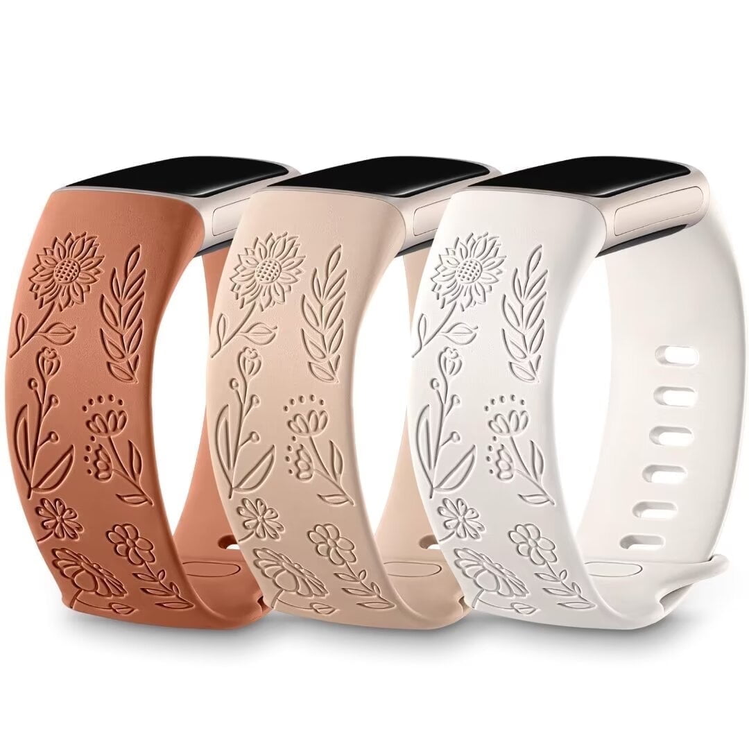 Comvin 3 Packs Floral Engraved Band Compatible with Fitbit Charge 6 Bands/Fitbit Charge 5 Bands Women, Cute Soft Silicone Sunflower Pattern Sport Designer Fancy Summer Strap for Charge 6/5