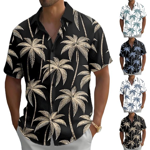 BUWTTED Mens Shirts Short Sleeve Button Down Loose Hawaiian Beach Tropical Print Summer Casual Holiday Vacation Breathable Black Shirt L
