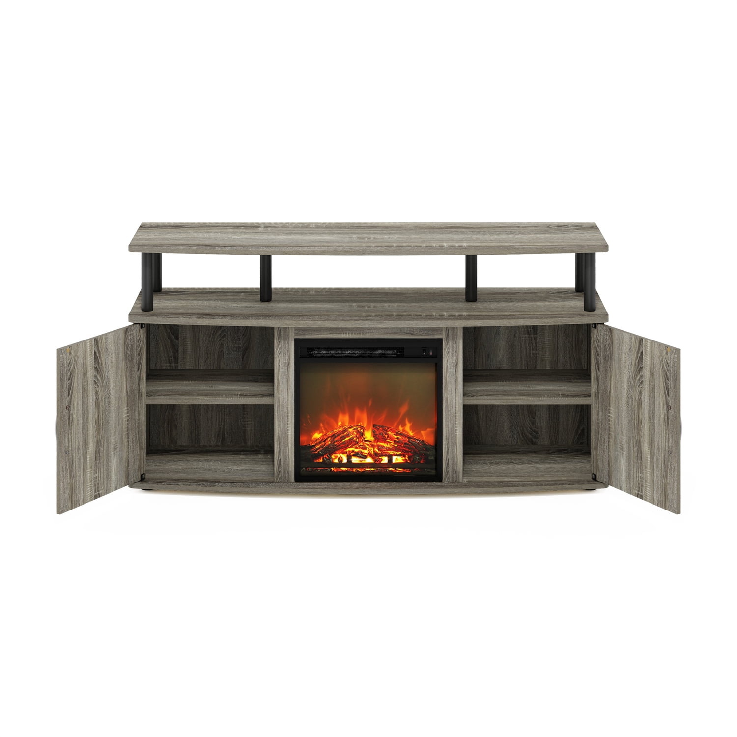 HomeStock Zen Zone Living Room Fireplace Entertainment Center With Doors Storage Cabinet For Tv Up To 55 Inch, French Oak Grey/Black