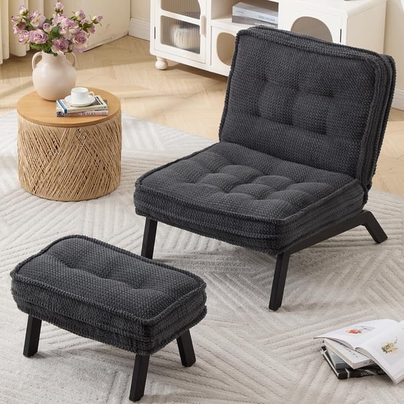 Armless Accent Chair with Ottoman, Adjustable Backrest Tufted Lounge Chair Set, Cozy Reclining Chair for Reading Room, Black
