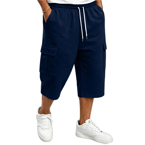 Nestiefly Men's Capri Cargo Casual 3/4 Shorts Elastic Waist Drawstring Wide Leg Below Knee Sweatpants Baggy with Pockets Navy 4XL