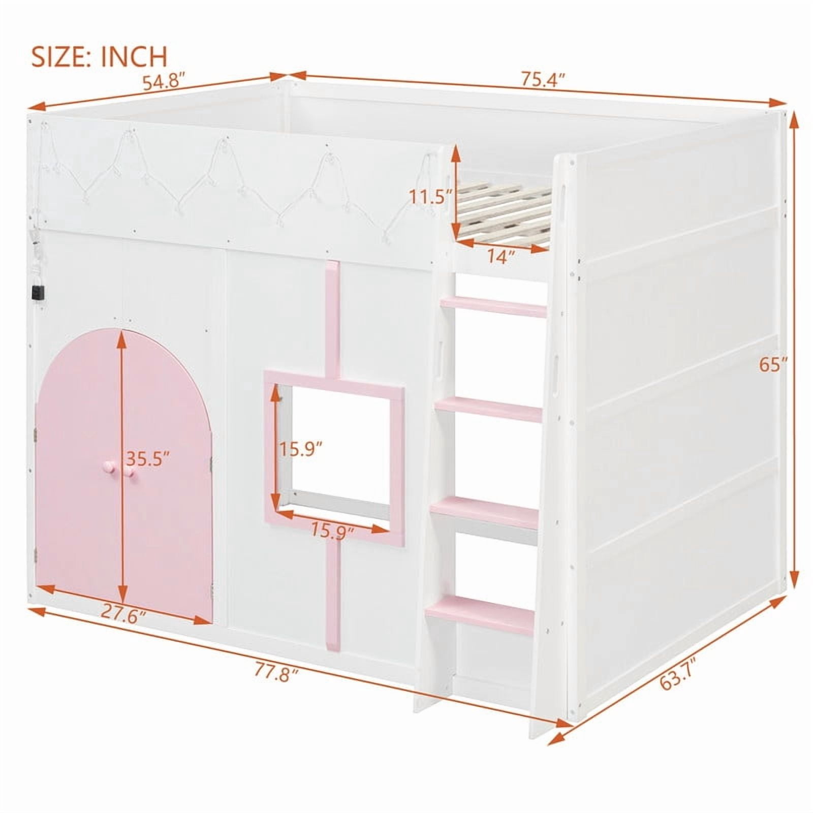 Full Size Playful Child Loft Bed with Doors & Window, Wood Kids House Bed Frame with Light Strip & Built-In Ladder