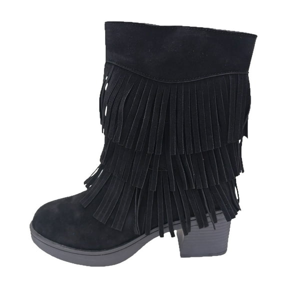 YLYL Womens Ankle Fringe Boots Round Toe Wide Calf Flat Tassel Casual Hidden Wedge Heels Boots for Winter