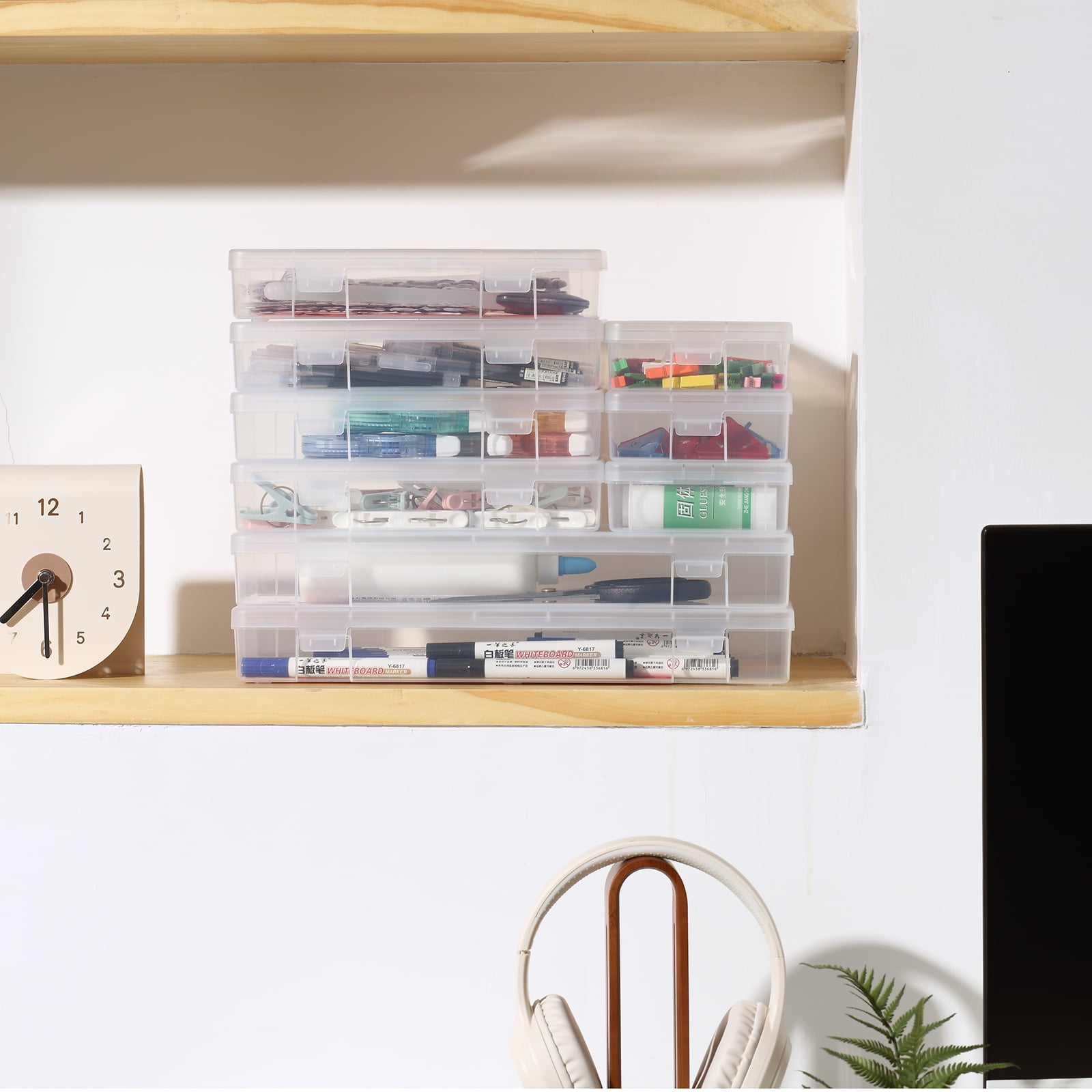 Novelinks 9 Pack Stackable Plastic Storage Box Containers Clear Hobby Art Craft Organizer Rectangle Box for Pencil Box Crayon Beads Jewelry,(3 Small + 3 Medium + 3 Large)