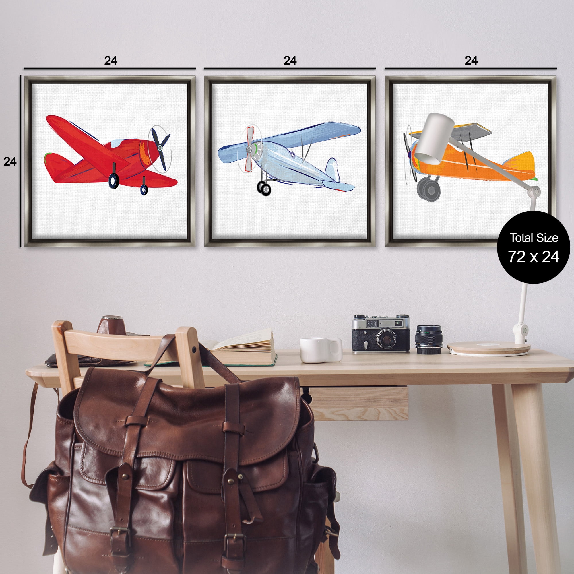 Stupell Industries Triple Colorful Airplanes Drawing Art for Kids Painting Gray Floater Framed Canvas Art Print Wall Art, 25 x 25, Set of 3