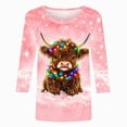 thumbnail image 4 of CLOISE Women's 3/4 Sleeve Tops Plus Size Christmas Cow Crew Neck Pullover Tee Shirts Slim Festive Holiday Photos Outfits Pink 3XL, 4 of 5
