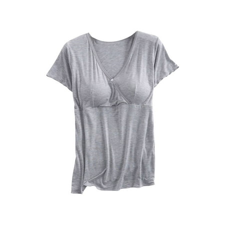 VEKDONE Clearance Maternity Tees for Women Summer Shorts Sleeve Nursing Tops Button Breastfeeding Tshirts with Built in Bra Stretchy Pregnancy Blouse Camisa de Maternidad Gray XL