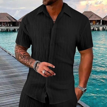 Gyexs Mens Button Down Short Sleeve Shirt Black Comfortable Soft Tops Stretchable Relaxed Fit Tshirt Formal Men Apparel Size S