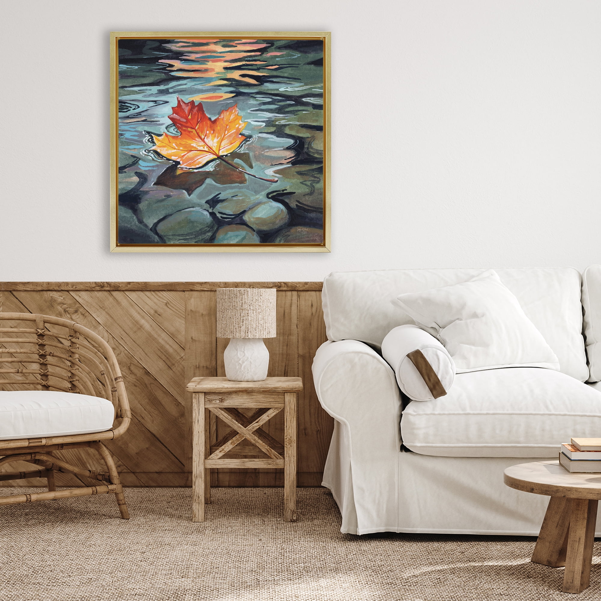 Stupell Industries Maple Leaf Floating in Stream Gold Framed Floater Canvas Wall Art, design by Kate Jarvik Birch
