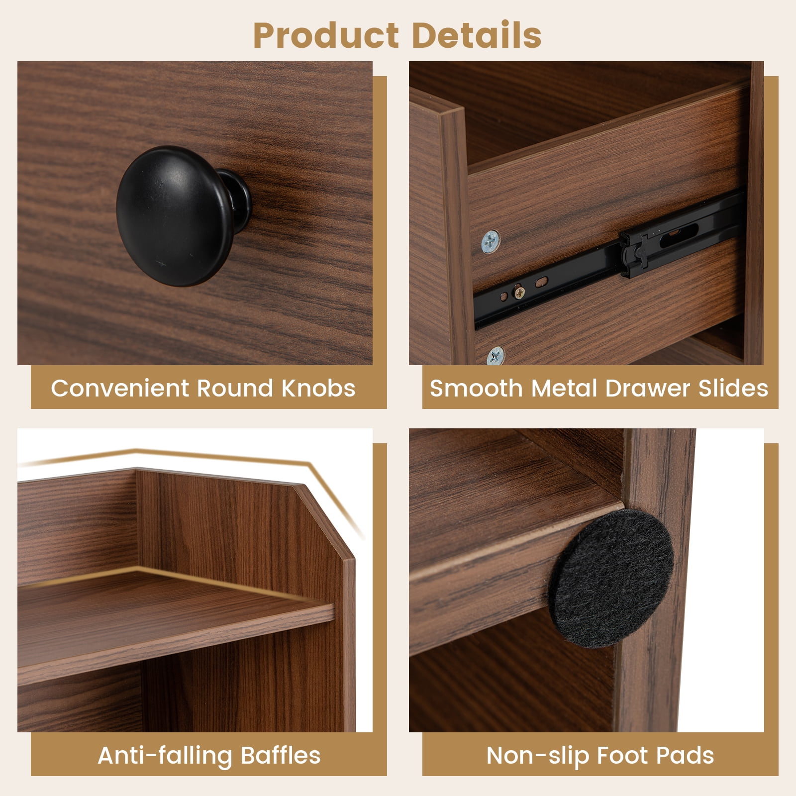 Giantex 3 Drawers Dresser for Bedroom, Storage Dresser Chest w/Anti-toppling Device, Tall Nightstand, Walnut