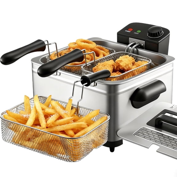 5 Quart 2000W Stainless Steel Electric Deep Fryer | 3 Frying Baskets, Time & Temperature Control, Viewing Window, Dishwasher-Safe Parts