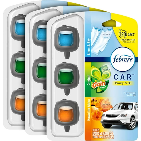 Febreze Car Air Freshener Odor-Fighting Car Vent Clip, Variety, Linen and Sky, Original, Hawaiian Aloha Scent Automatic Air Freshener, 3-Count Pack of 3