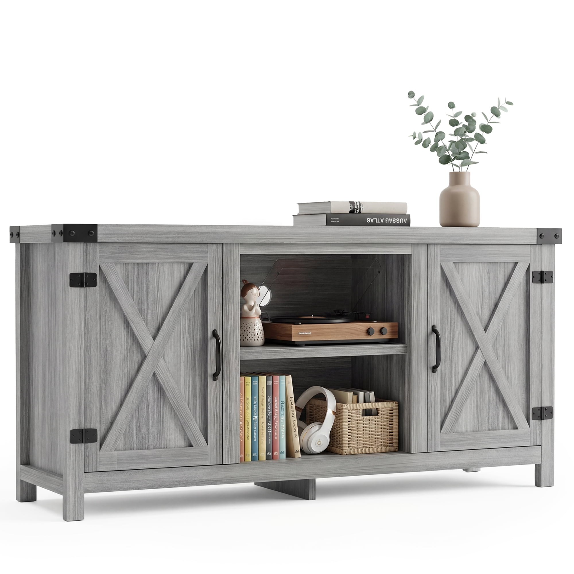 Vineego TV Stand for 65 Inch TVs, Farmhouse Storage Cabinet with Sliding Doors and Cord Management, Gary