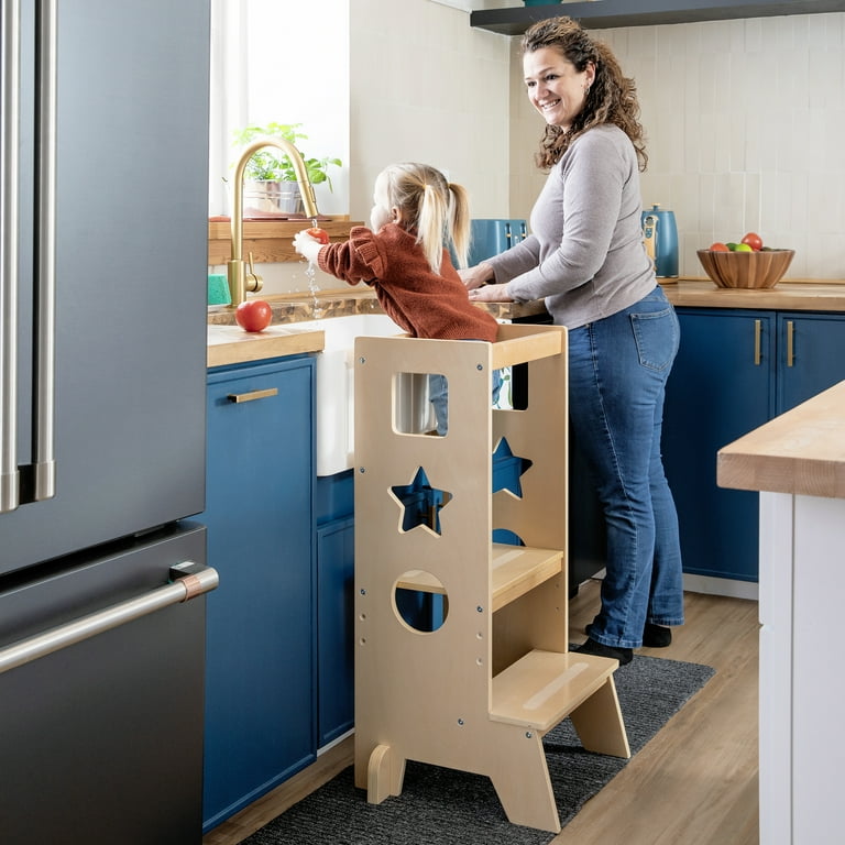 Guidecraft Jr. Classic Kitchen Helper Step Up Natural Wooden Montessori Toddler Tower Adjustable Height Bathroom Stool for Kids
