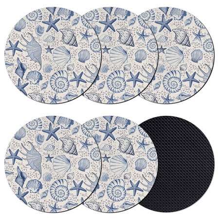 Navy Blue Coastal Coasters Set of 6 Absorbent Coasters for Drinks Nautical Ocean Shell Starfish Sea Rustic Coaster for Desk Coffee Table Protection Home Decor House Warming Gifts 4