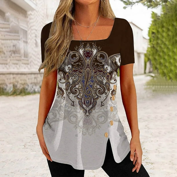 Puntoco moda mujer causal impresión blusa manga corta camiseta verano botón tops Puntoco Puntoco-2846