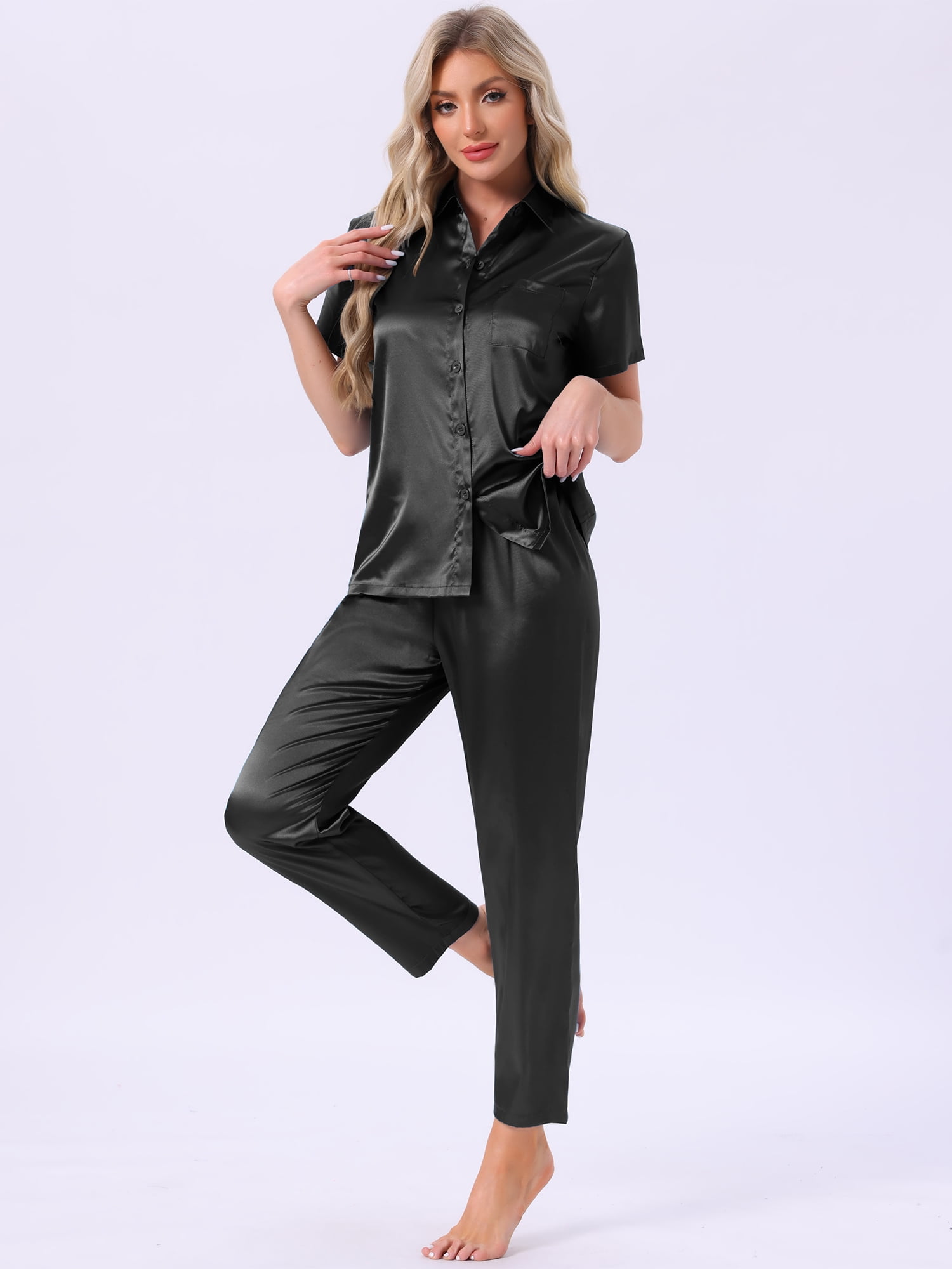 DARING DIVA Satin Pajamas Silky Button Down Short Sleeve Shirt Pants Set M Black