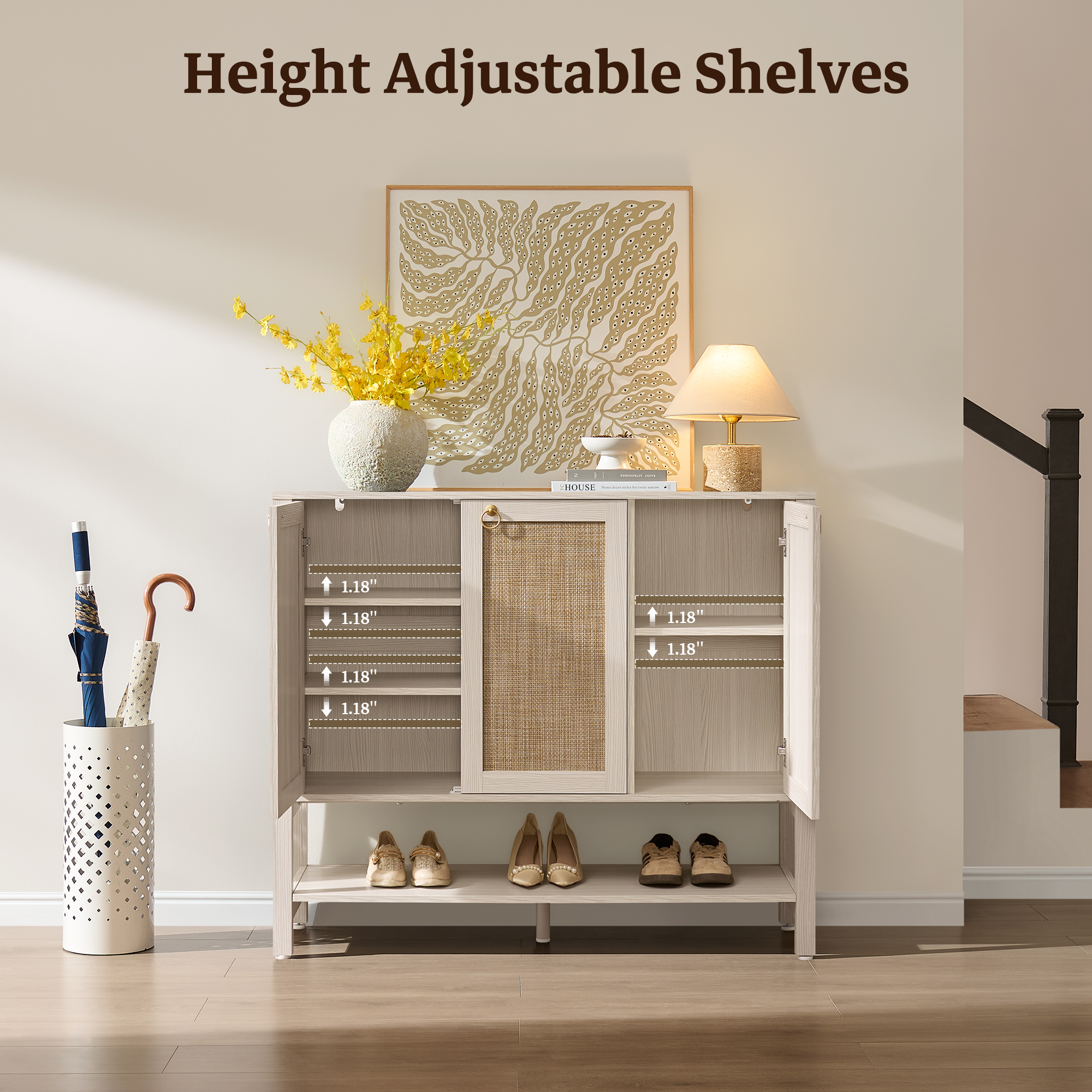 SICOTAS 45.59" Wide Shoe Storage Cabinet with 3 Doors, Large Boho Shoe Organizer with Adjustable Shelves for 25+ Shoes,Wooden Shoe Rack for corridors foyers Living Room