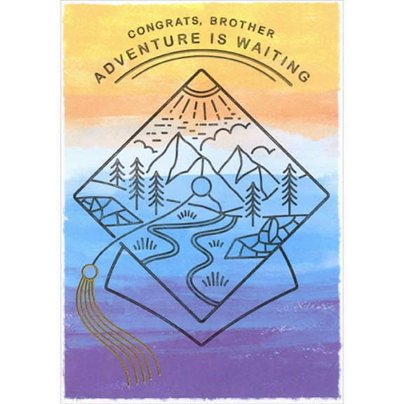 Designer Greetings Adventure is Waiting: Mountain and Path on Grad Cap Orange, Blue and Purple Graduation Congratulations Card for Brother