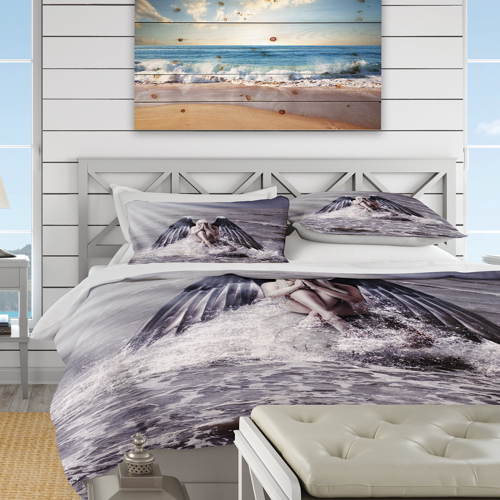 Designart 'Woman with Dark Angel Wings' Beach Duvet Cover Set