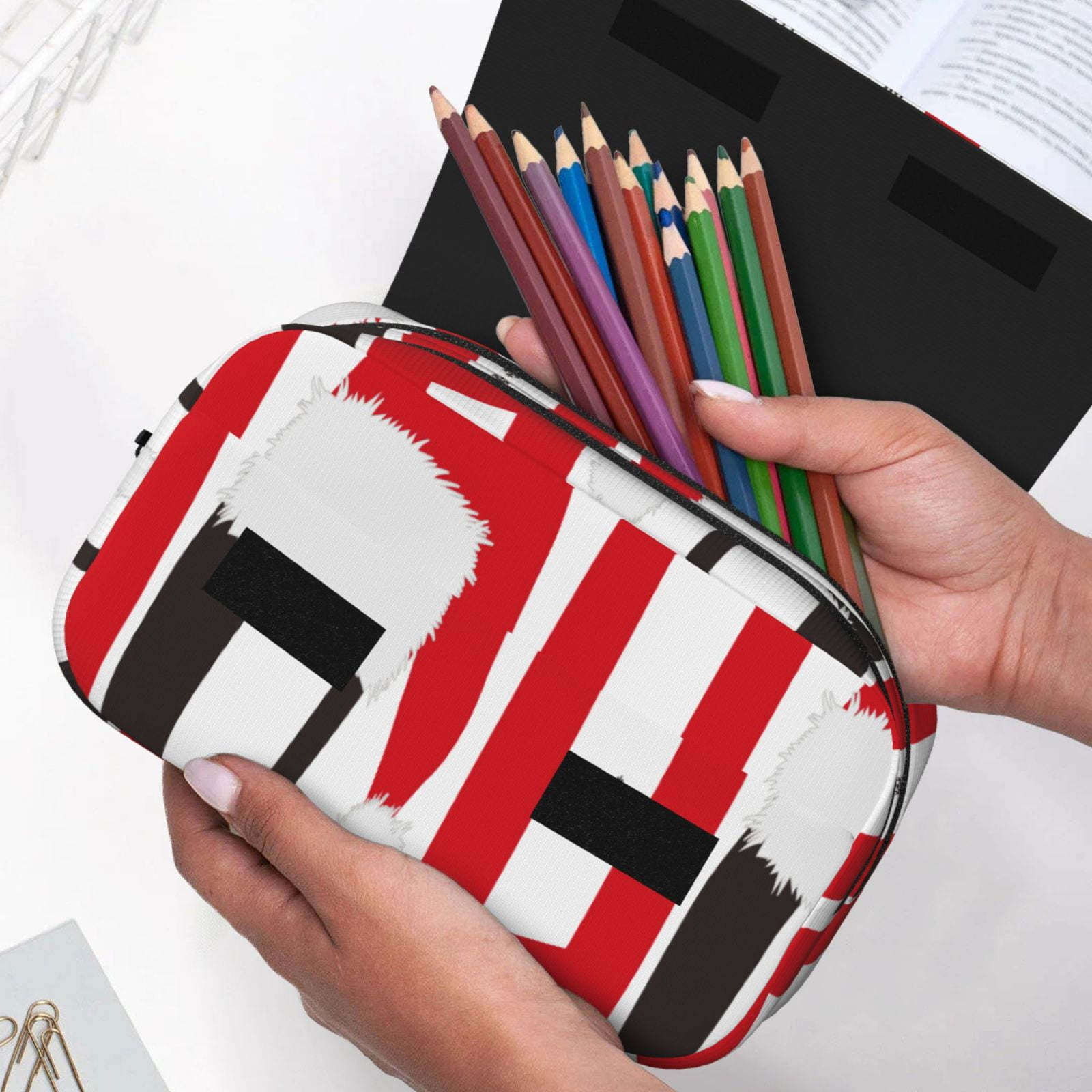 Rateoe HOHOHO Christmas Pattern Double Clamshell Pen Case, Storage Organizer with Two Zipper Compartments– Holds Up to 50 Pencils & Pens