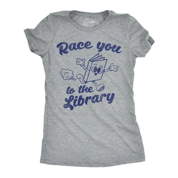 Womens Funny T Shirts Race You to The Library Sarcastic Book Graphic Novelty Tee for Ladies Womens Graphic Tees